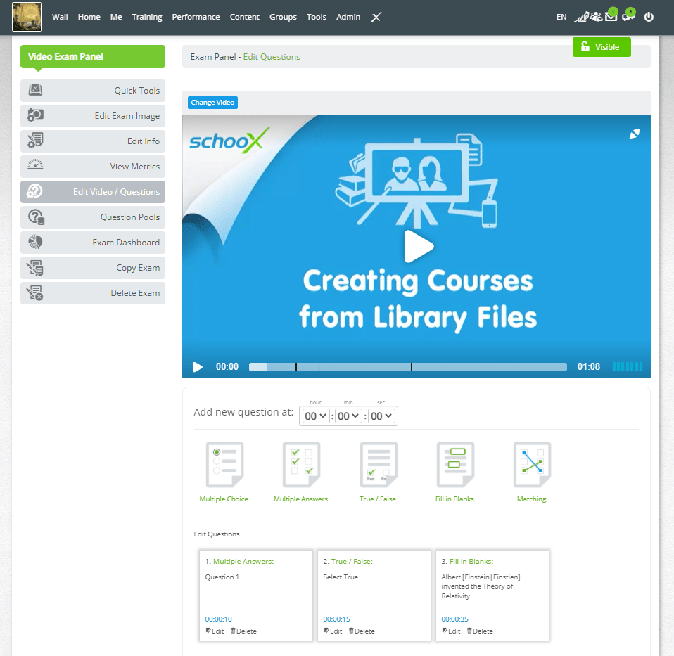 Screenshot of video exam panel in Schoox